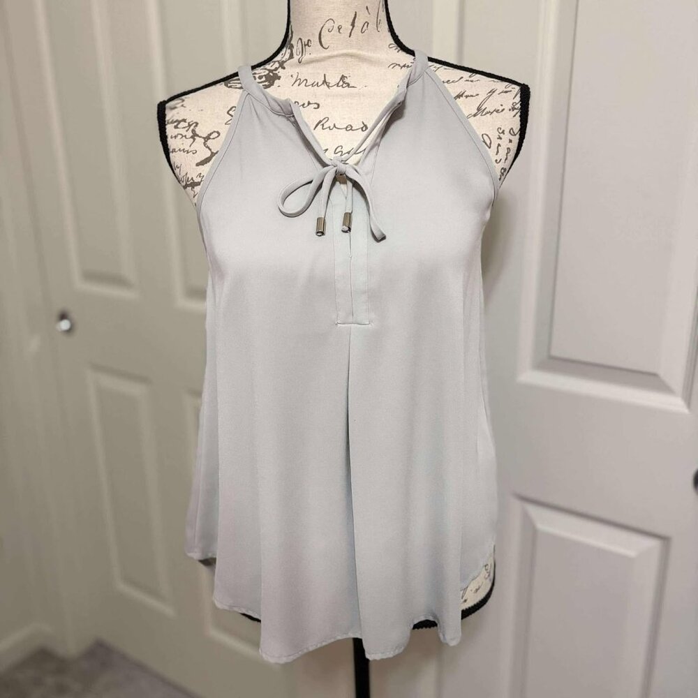 Women's Light Grey Sleeveless Tunic Blouse with Tie & Cinched Neck